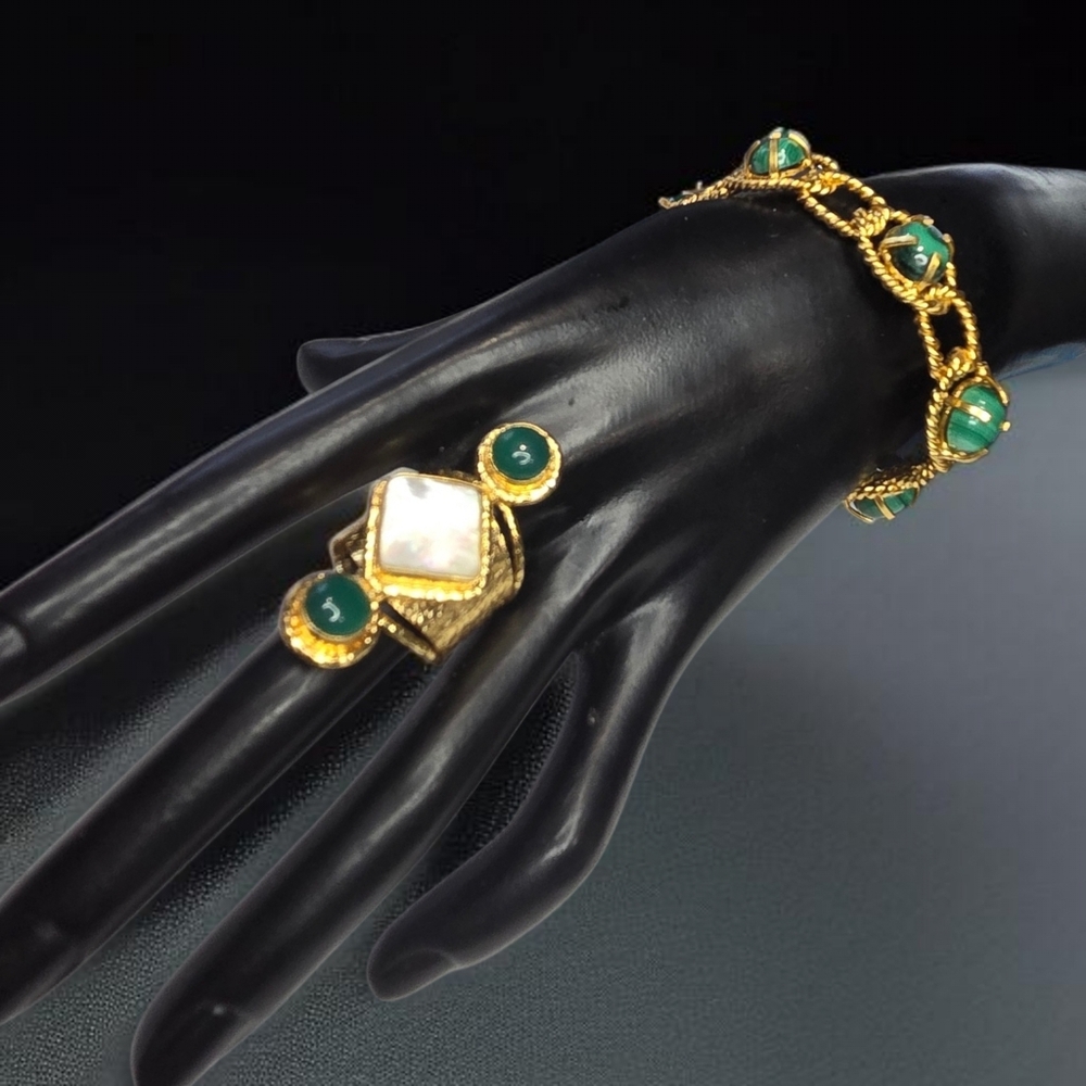18k Gold Plated Artisan Emerald Cabochon Mother Of Pearl MOP Ring - Picture 5 of 5